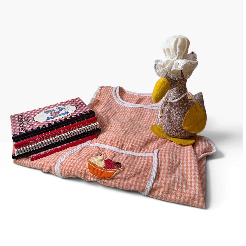 Vintage Cottagecore Goose Plush and Gingham Apron Set Orange Farmhouse Decor